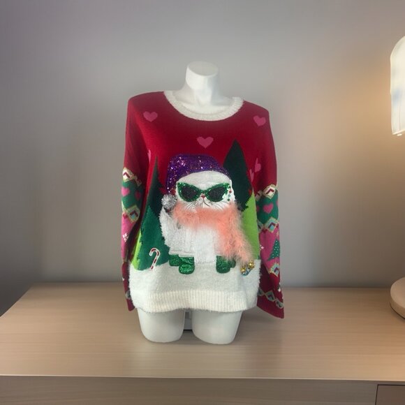 Women’s size 2XL ugly Christmas Sweater Fancy cat Styling kitty 33 degrees Flaw - Picture 1 of 11